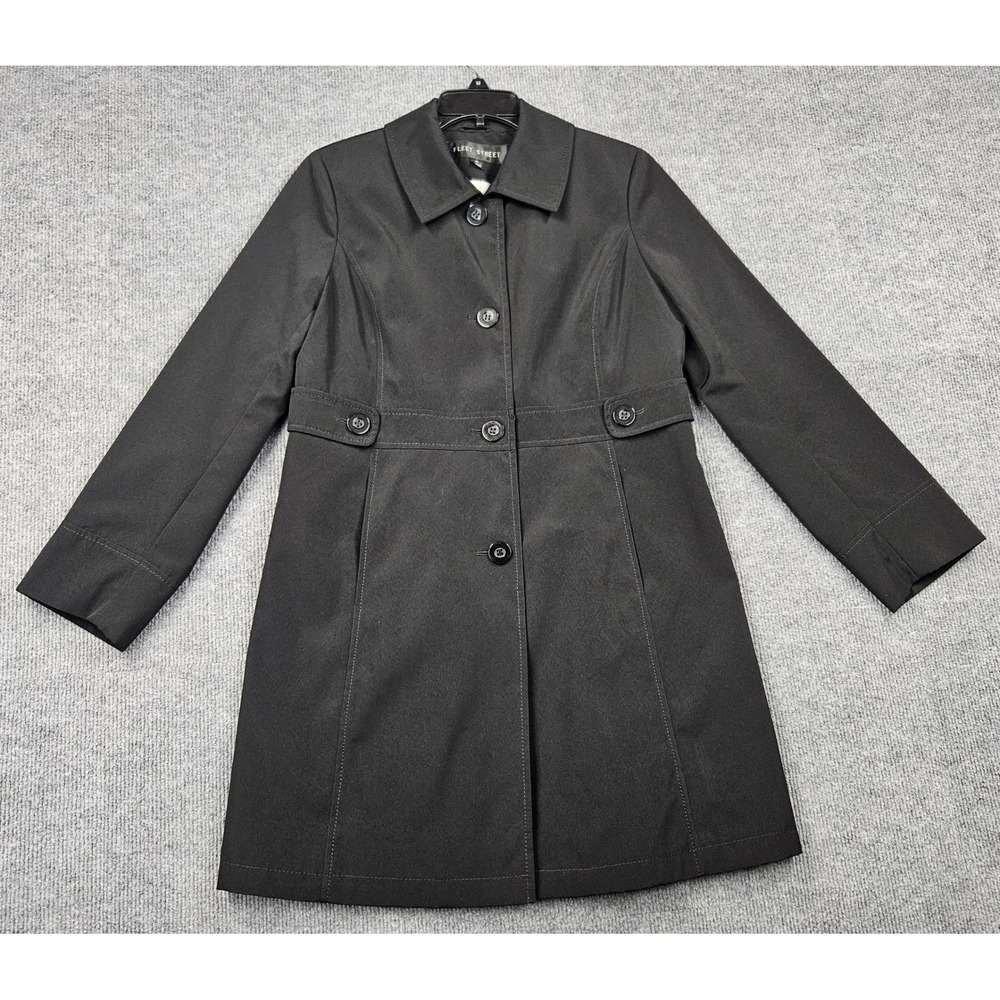 Fleet Street Womens Black Button Front Trench Coat Jacket Medium Empire Waist